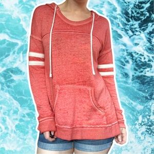 Heather Coral Burn-Out Beach Hoodie with Athletic Stripes, Size M